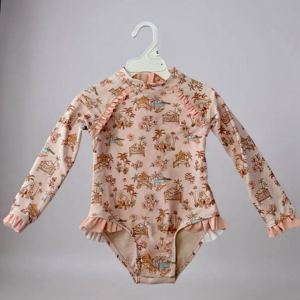 NWT- girls 24 M, Designer Long Sleeve Swimsuit. Rashguard, Trendy. Peach color.